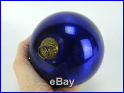 Antique Cobalt Blue 4 German Glass Kugel Ball Christmas Ornament Brass Cap