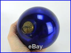 Antique Cobalt Blue 4 Glass Kugel Ball Christmas Ornament German Brass Cap