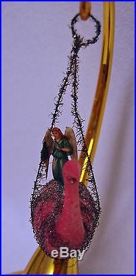 Antique GERMAN Wire Wrapped Blown Glass PINK BIRD with Angel Christmas ORNAMENT
