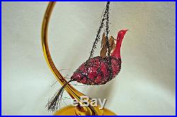 Antique GERMAN Wire Wrapped Blown Glass PINK BIRD with Angel Christmas ORNAMENT
