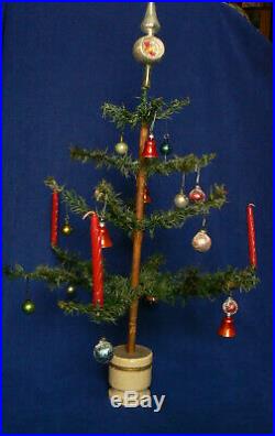 Antique German 24 Feather Christmas Tree WithCandles Glass Topper & 18 Ornaments