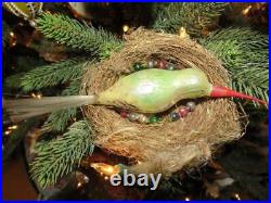 Antique German Dresden Hummingbird Real Nest Glass Christmas Ornament