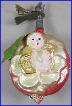 Antique German Figural Glass Christmas Clip Ornament Baby / Angel in Flower