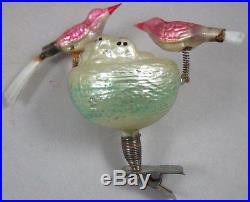 Antique German Figural Glass Christmas Clip Ornament Baby Birds in Nest