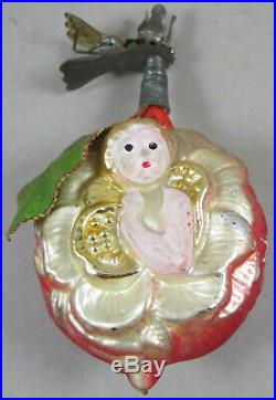 Antique German Figural Glass Christmas Ornament Child in Flower on Clip