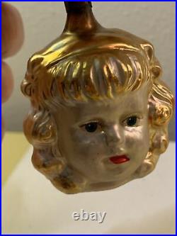 Antique German Figural Glass Christmas Ornament, Face, Head, Child, Girl 2.5