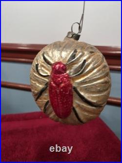 Antique German Glass Beetle on a Disc Christmas Ornament
