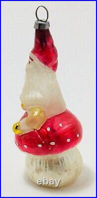 Antique German Glass Christmas Ornament Elf Gnome Sitting on Mushroom