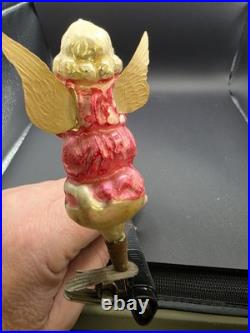 Antique German Glass Kneeling Angle on Clip with Dresden Wings Christmas Orn