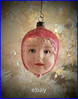 Antique German Glass Little Red Riding Hood Doll Face Christmas Ornament