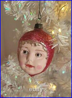 Antique German Glass Little Red Riding Hood Doll Face Christmas Ornament