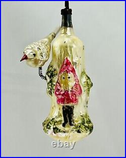 Antique German Gnome Elf Pixie on Log Tree Stump w Bird Glass Christmas Ornament Antique German Gnome Elf Pixie on Log Tree Stump w Bird Glass Christmas Ornament