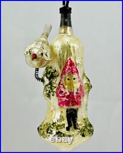 Antique German Gnome Elf Pixie on Log Tree Stump w Bird Glass Christmas Ornament Antique German Gnome Elf Pixie on Log Tree Stump w Bird Glass Christmas Ornament