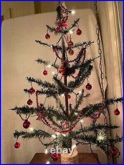 Antique German Goose Feather Christmas Tree 32 with Ornaments, Lights, Garland