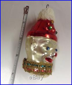 Antique German Hand Blown Glass Christmas Ornament Embellished Clown Head ca1910