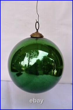Antique German Kugel Green Christmas Ornament Brass Cap Mercury Glass Ball 465