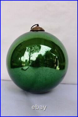 Antique German Kugel Green Christmas Ornament Brass Cap Mercury Glass Ball 465