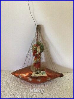 Antique German Wire Wrapped Orange Sailboat Santa Cotton Christmas Ornament