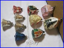 Antique Glass Christmas Ornaments Lot of 10 with Houses & Bells Early Vintage T