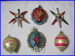 Antique Glass Christmas Ornaments Lot of 6 with 2 Star Shaped Early Vintage T