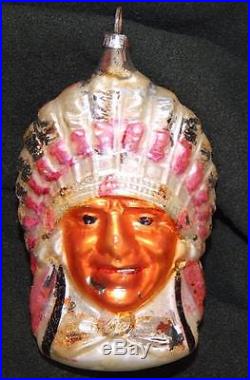 Antique Indian Chief Head Christmas Ornament Hand Blown Mercury Glass
