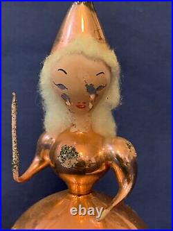 Antique Mercury Glass Woman Fairy Figural Spun Cotton Hair Christmas Ornament