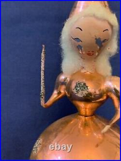 Antique Mercury Glass Woman Fairy Figural Spun Cotton Hair Christmas Ornament