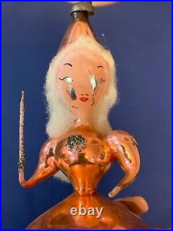 Antique Mercury Glass Woman Fairy Figural Spun Cotton Hair Christmas Ornament