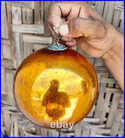 Antique Orange Glass 5.2 German Kugel Christmas Ornament Old 5 Leaves Cap 180