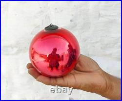 Antique Pink Glass German Kugel 4.3 Christmas Ornament 5 Leaves Brass Cap 357