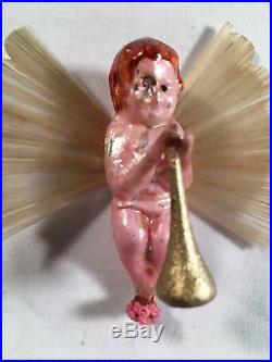 Antique Rare 2-1/2 Angel Gabriel Cherub Spun Glass Wings Germany Xmas Ornament