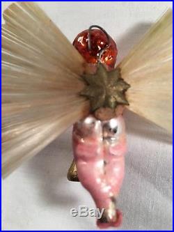 Antique Rare 2-1/2 Angel Gabriel Cherub Spun Glass Wings Germany Xmas Ornament