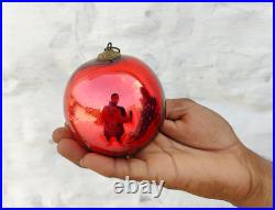 Antique Red Glass 3.4 German Kugel Christmas Ornament 5 Leaves Brass Cap 356