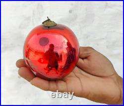 Antique Red Glass 3.4 German Kugel Christmas Ornament 5 Leaves Brass Cap 356