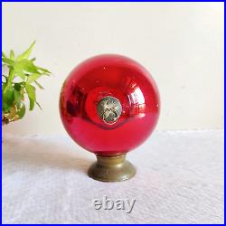 Antique Red Glass 6.25 Heavy German Kugel Christmas Ornament 5 Leaves Cap 304