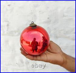 Antique Red Glass German Kugel 4.4 Christmas Ornament 5 Leaves Brass Cap 360