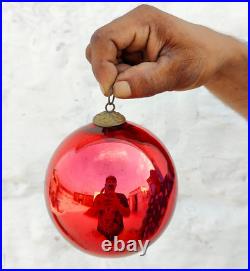 Antique Red Glass German Kugel 4.4 Christmas Ornament 5 Leaves Brass Cap 360
