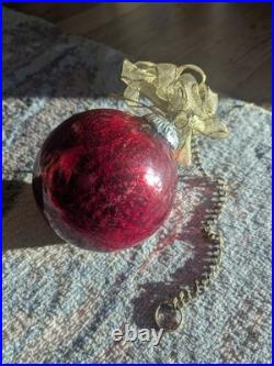 Antique Red Mercury Glass Christmas Ornament Heavy Crackle Globe Gold Cap Chain
