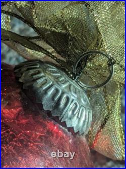 Antique Red Mercury Glass Christmas Ornament Heavy Crackle Globe Gold Cap Chain