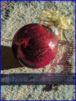 Antique Red Mercury Glass Christmas Ornament Heavy Crackle Globe Gold Cap Chain