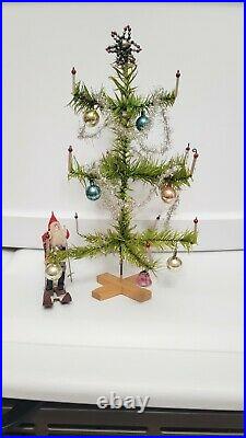 Antique Stamped German Goose feather Christmas Tree w Glass Ornaments & Santa
