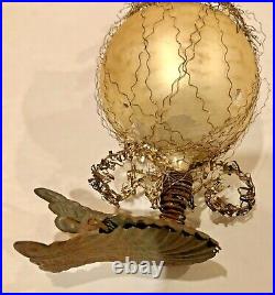 Antique VTG Double Dresden Rabbit In Cup On Clip Glass German Christmas Ornament