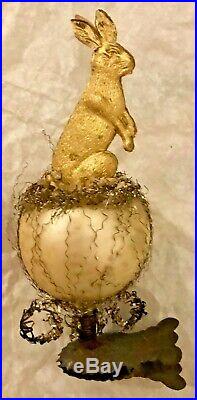 Antique VTG Dresden Rabbit In Gold Egg On Clip German Glass Christmas Ornament