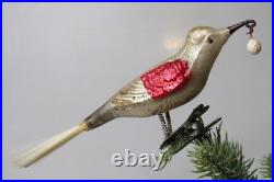 Antique VTG Glass Clip On BIRD w Berry in Curved Beak Christmas Ornament Germany