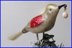 Antique VTG Glass Clip On BIRD w Berry in Curved Beak Christmas Ornament Germany
