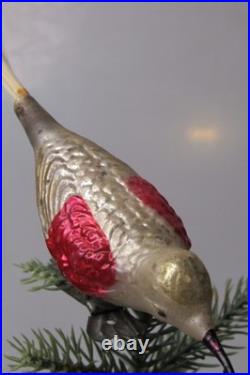 Antique VTG Glass Clip On BIRD w Berry in Curved Beak Christmas Ornament Germany