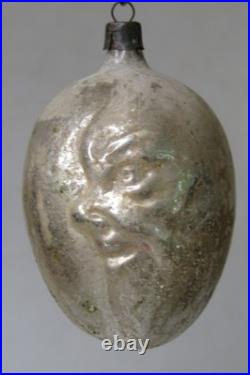 Antique VTG Glass MAN Double FACE Embossed on EGG Christmas Ornament Germany
