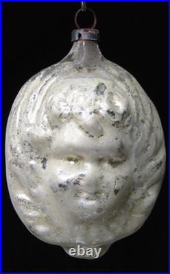 Antique VTG Glass Outdent Embossed Double ANGEL FACE Christmas Ornament Germany