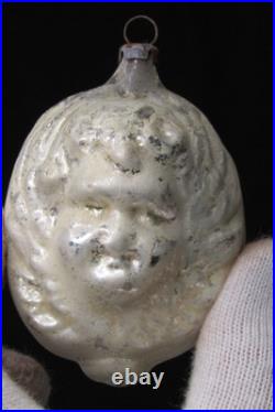 Antique VTG Glass Outdent Embossed Double ANGEL FACE Christmas Ornament Germany