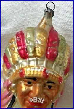 Antique VTG Indian Chief Full Headdress German Glass Figural Christmas Ornament